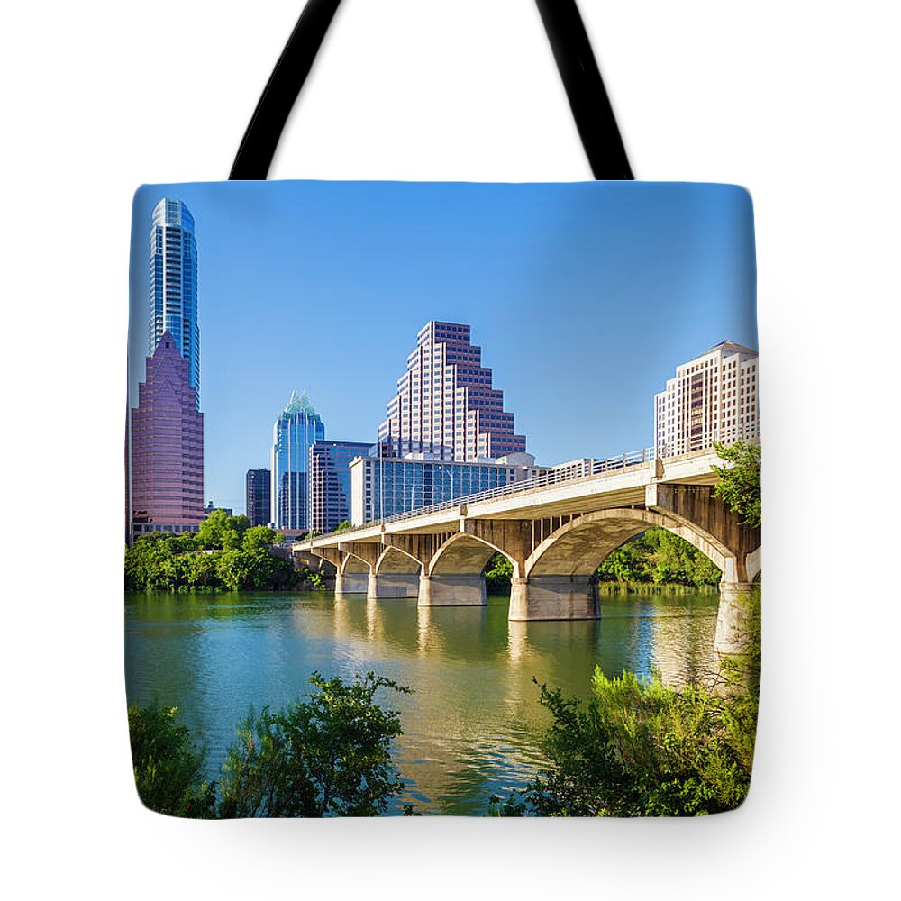 Water's Edge Tote Bag featuring the photograph Austin Texas Skyline And Congress by Dszc