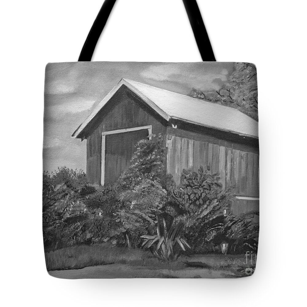 Black And White Barn Tote Bag featuring the painting Autumn Barn -Black and White -Signed by Artist by Jan Dappen