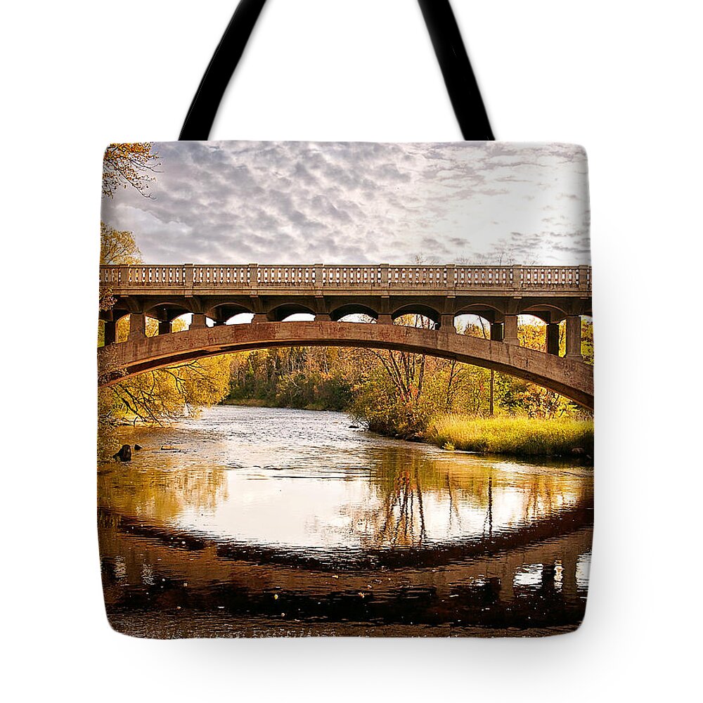 Autumn Bridge Tote Bag featuring the photograph Autumn Bridge Landscape by Gwen Gibson