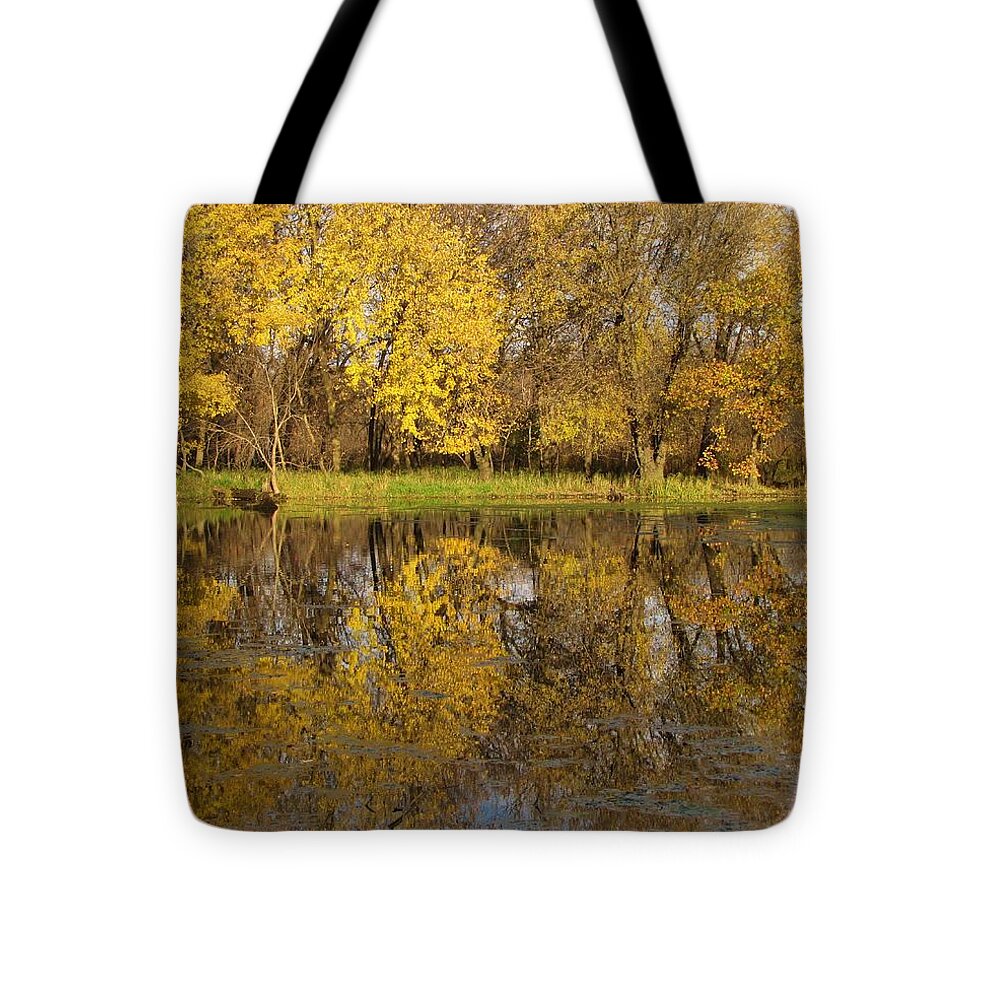 Trees Tote Bag featuring the photograph Autumn Gold Reflections by Lori Frisch