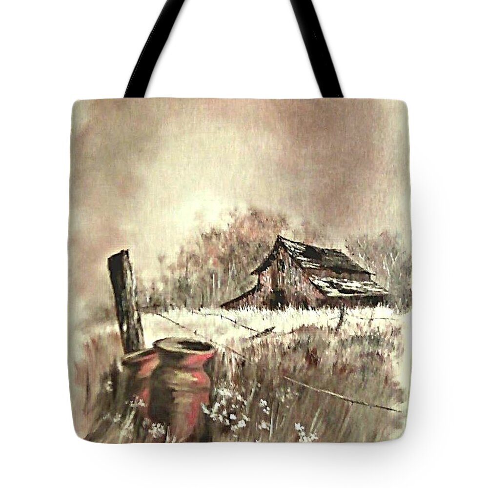 Farmscape Tote Bag featuring the painting Autumn in View at Mac Gregors Barn by Carol Wisniewski