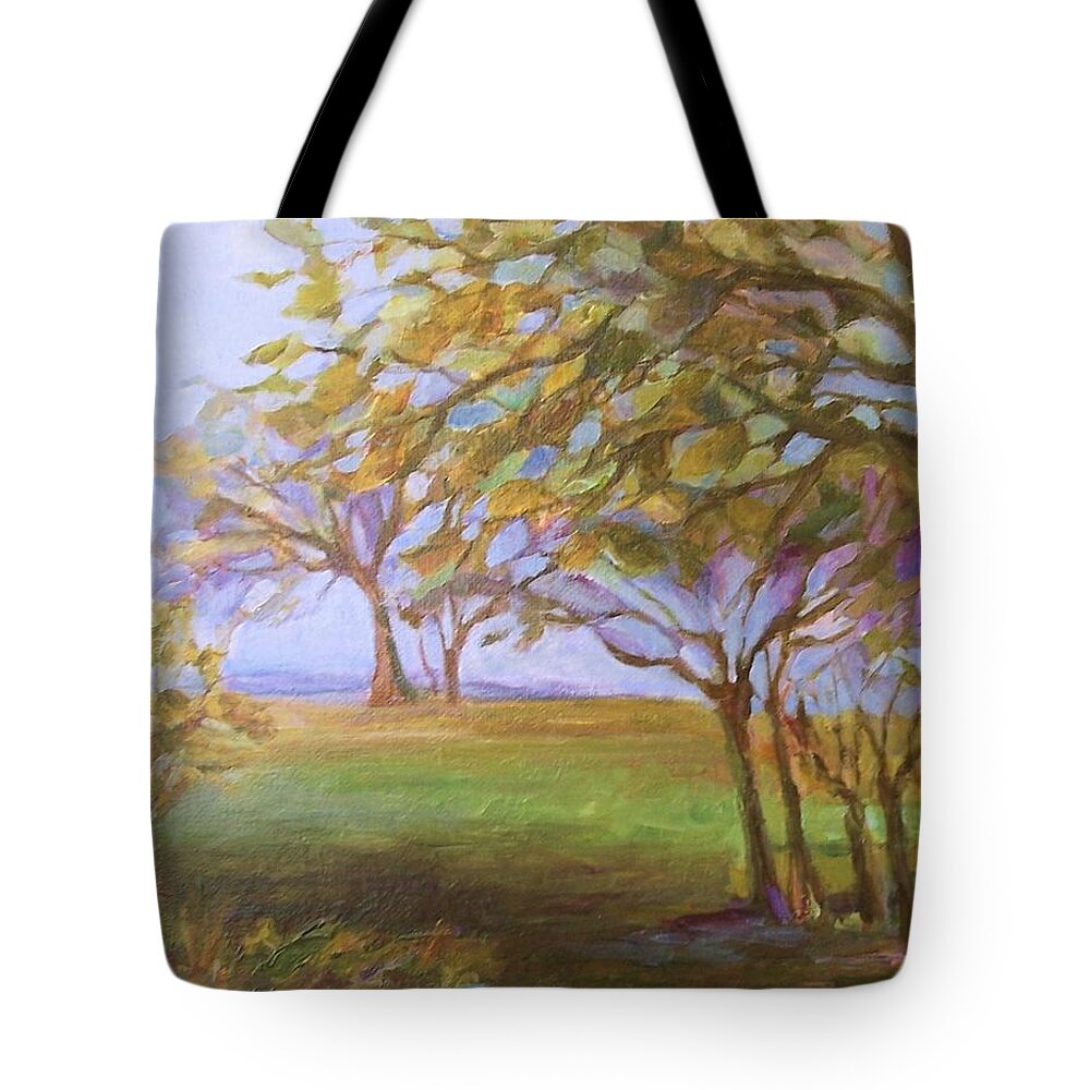 Landscape Tote Bag featuring the painting Autumn Leaves by Mary Wolf