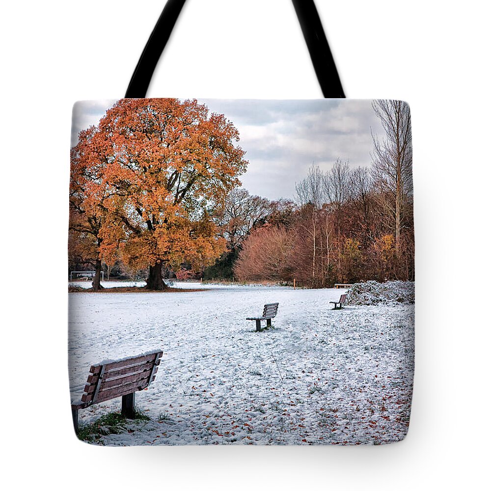Shirley Mitchell Tote Bag featuring the photograph Autumn meet Winter by Shirley Mitchell