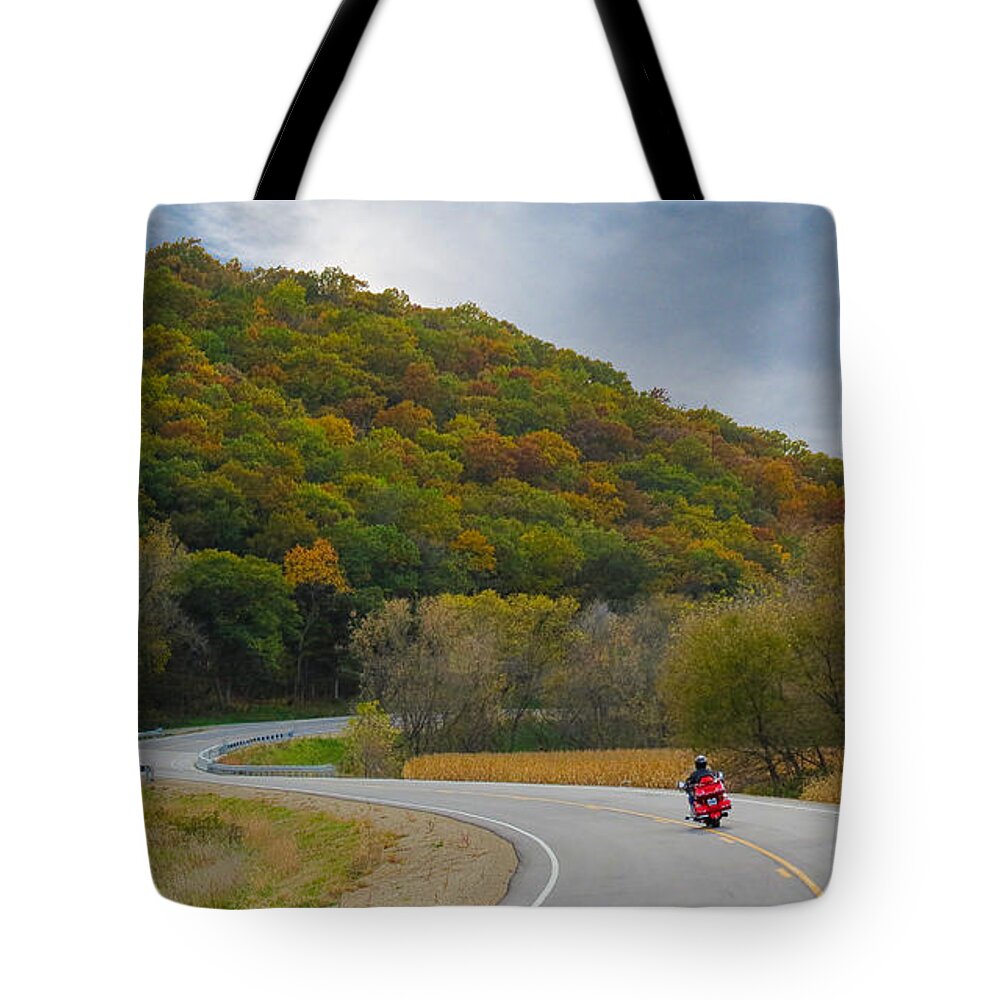 Autumn Tote Bag featuring the photograph Autumn Motorcycle Rider / Orange by Patti Deters