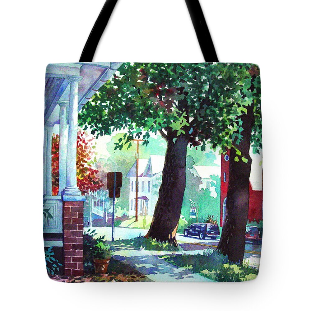 Watercolor Tote Bag featuring the painting Autumn on East Main by Mick Williams