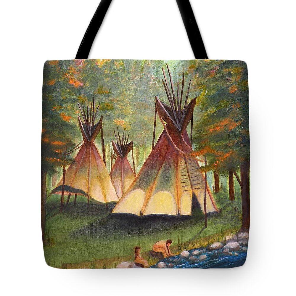 Autumn Tote Bag featuring the painting Autumn River Camp by Lora Duguay