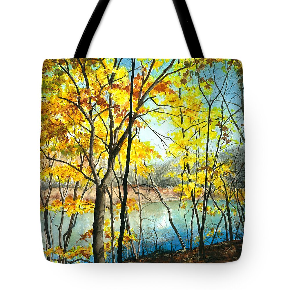 Water Color Trees Tote Bag featuring the painting Autumn River Walk by Barbara Jewell