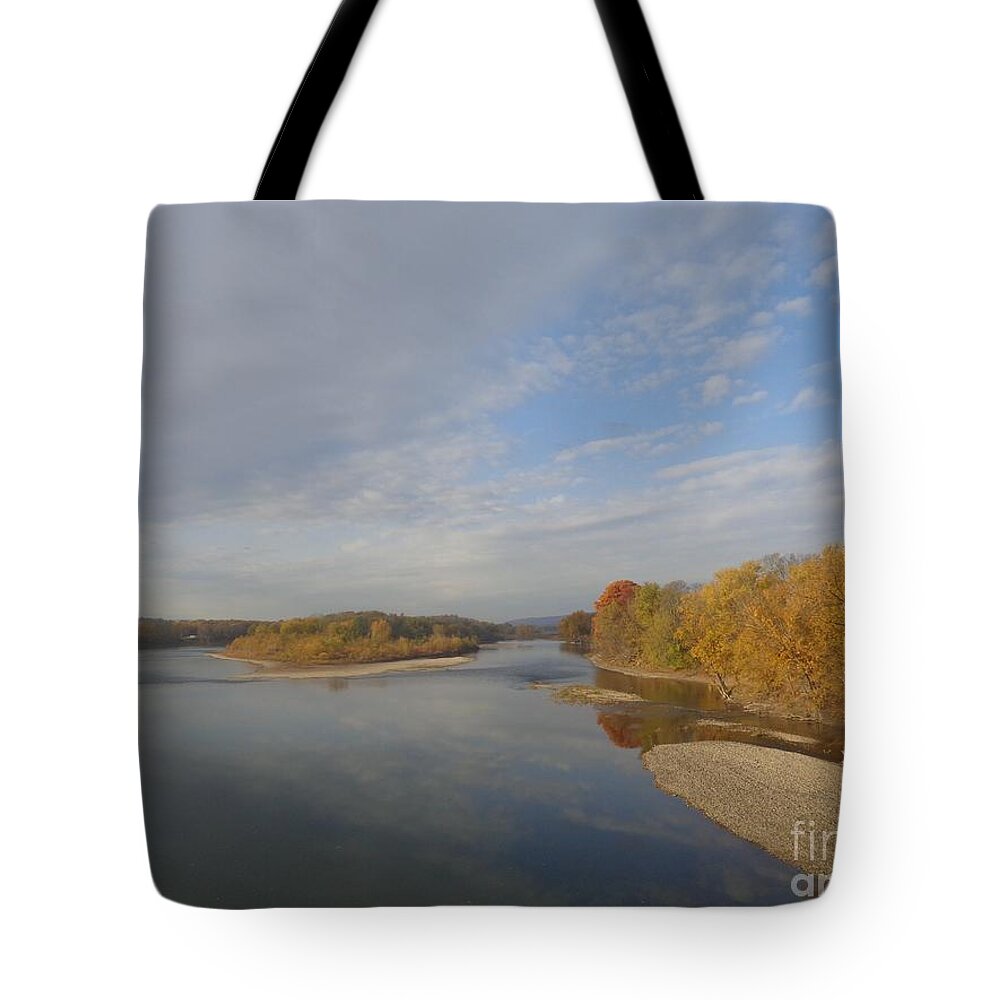 Drama Tote Bag featuring the photograph Autumn Sun at the River by Christina Verdgeline