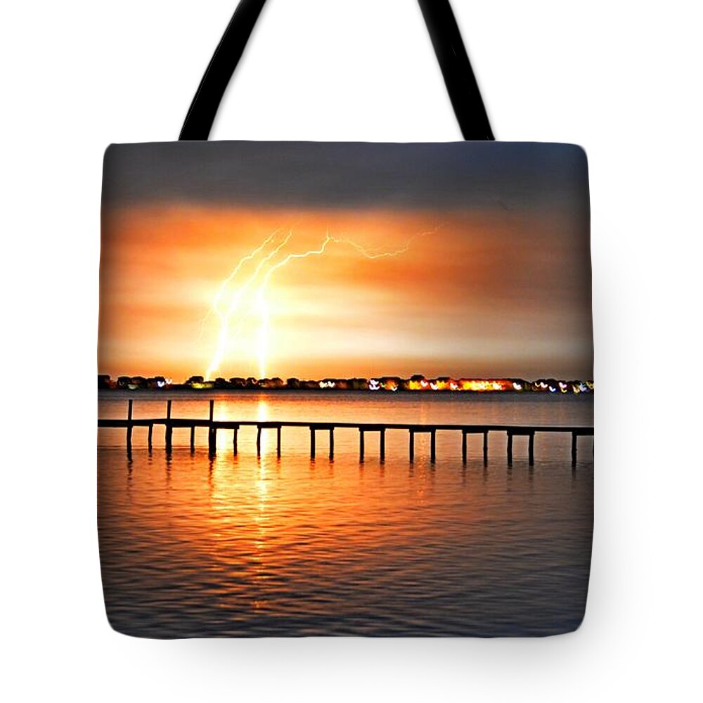 Landscape Tote Bag featuring the photograph Awesome Lightning Electrical Storm on Sound by Jeff at JSJ Photography