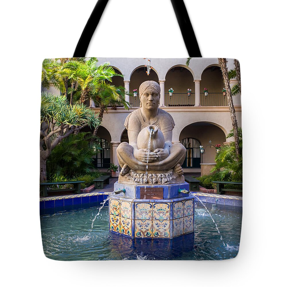 House Of Hospitality Courtyard Tote Bag featuring the photograph Aztec Woman of Tehuantepec Fountain At Balboa Park by Priya Ghose