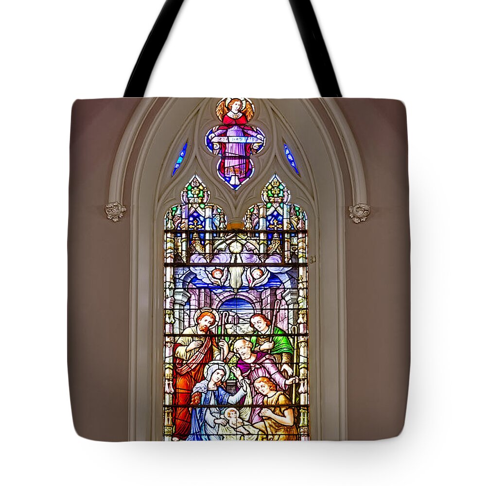 Baby Jesus Tote Bag featuring the photograph Baby Jesus Stained Glass Window by Susan Candelario