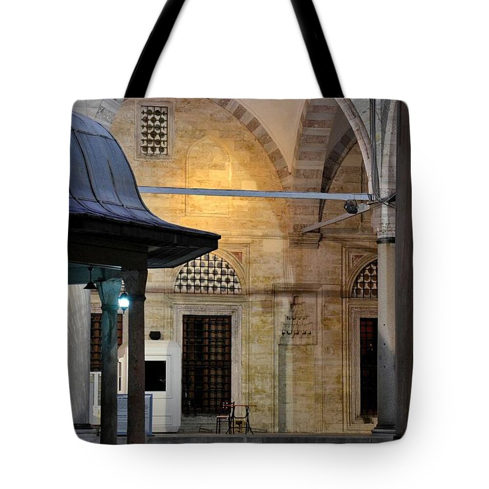  Mosque Tote Bag featuring the photograph Back lit interior of mosque by Imran Ahmed