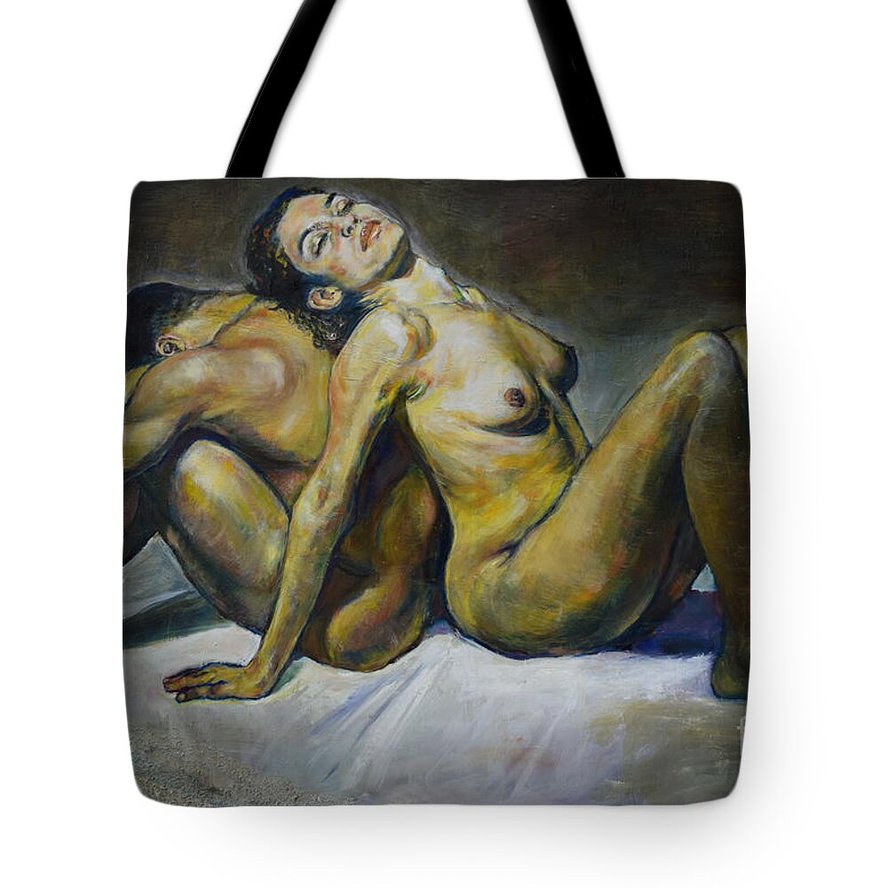 Raija Merila Tote Bag featuring the painting Back to Back by Raija Merila