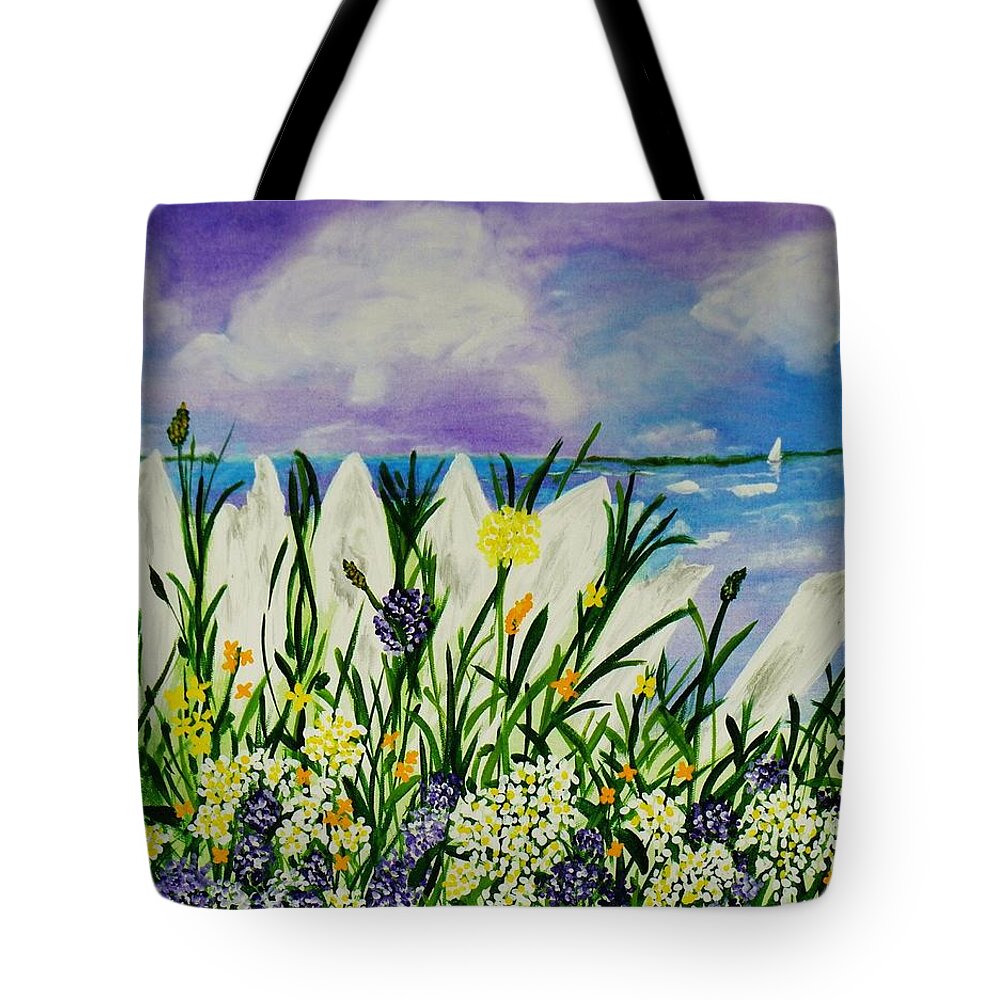 Seascape With Flowers Tote Bag featuring the painting Backyard Beach by Celeste Manning