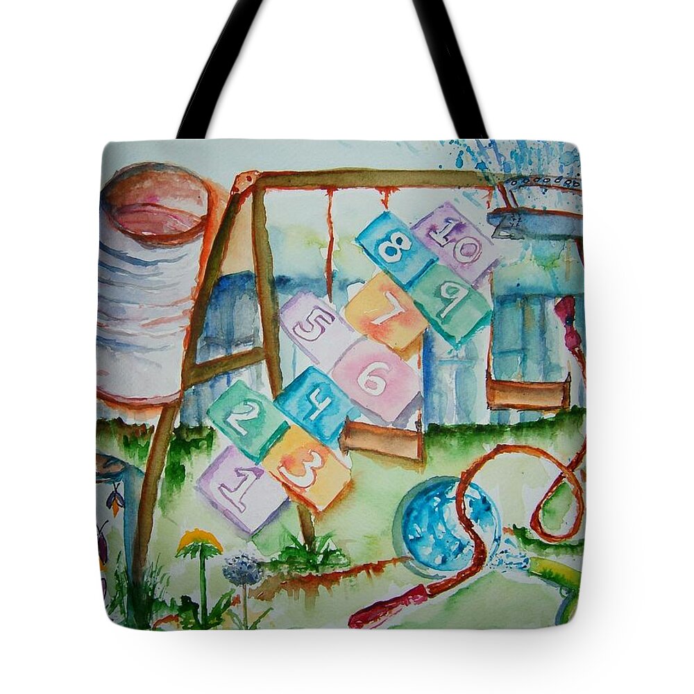 Backyard Tote Bag featuring the painting Backyard Play Simple Times by Elaine Duras