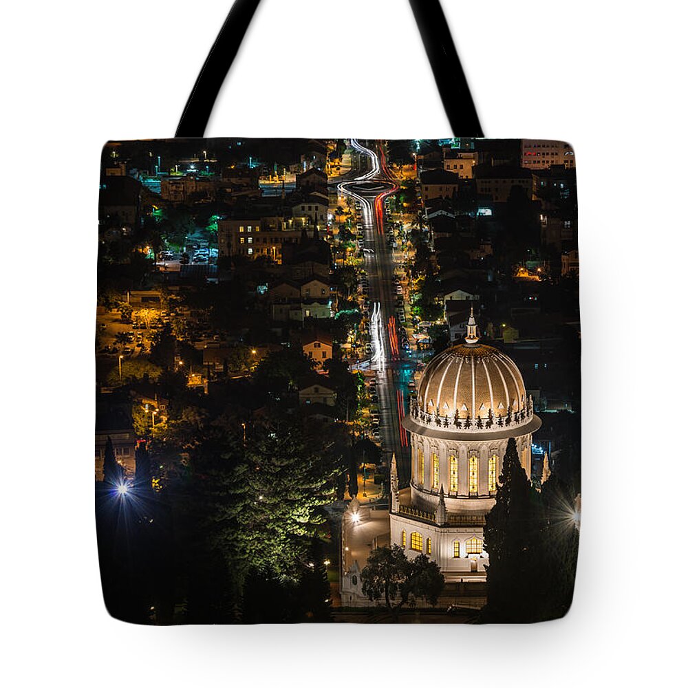 Carmel Tote Bag featuring the photograph Baha'i temple at night by Michael Goyberg