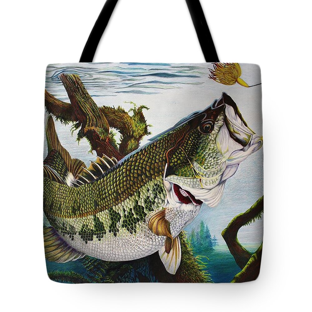 Fishing Tote Bag featuring the drawing Baiting the Big One by Bruce Bley