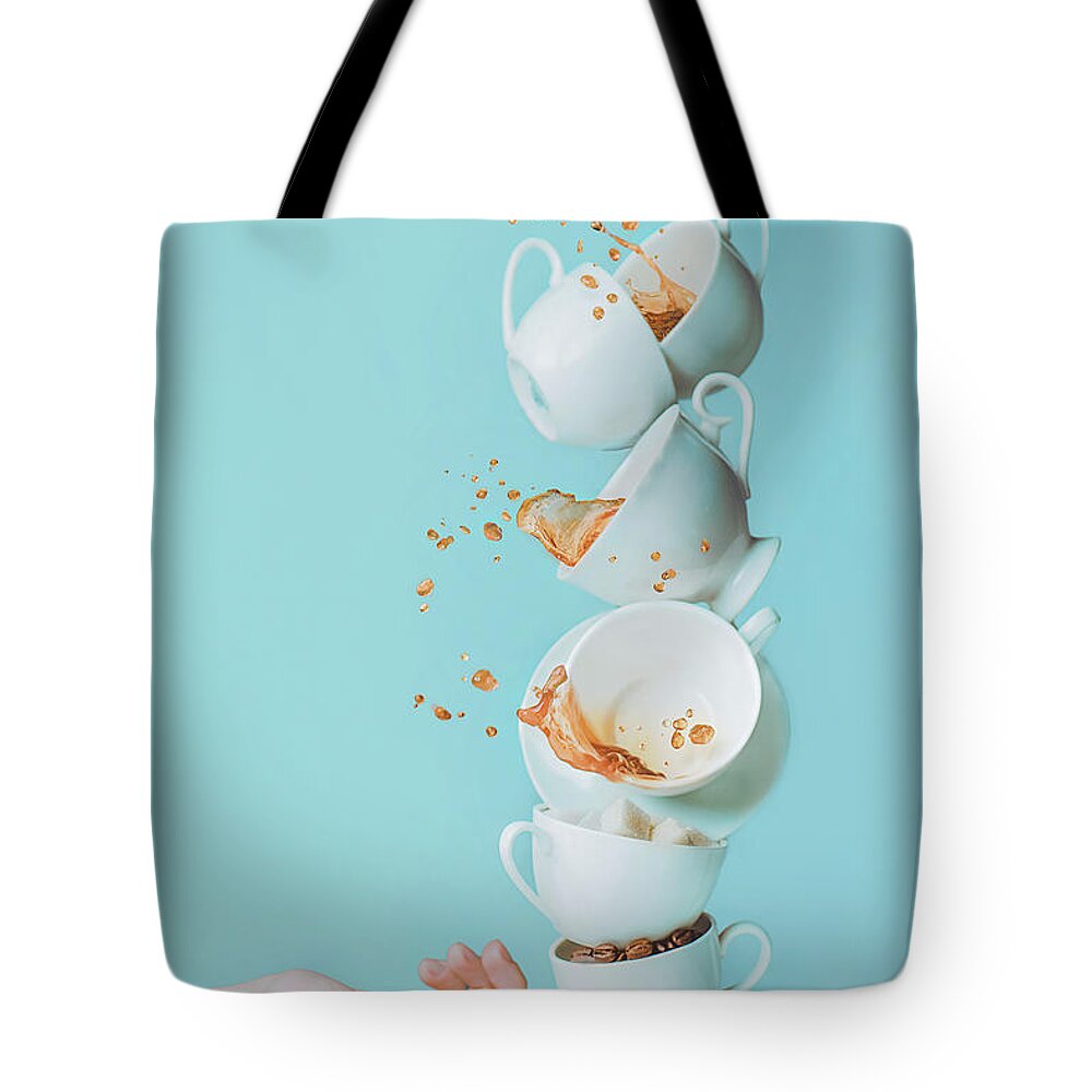 Unhealthy Eating Tote Bag featuring the photograph Balancing Coffee by Dina Belenko Photography