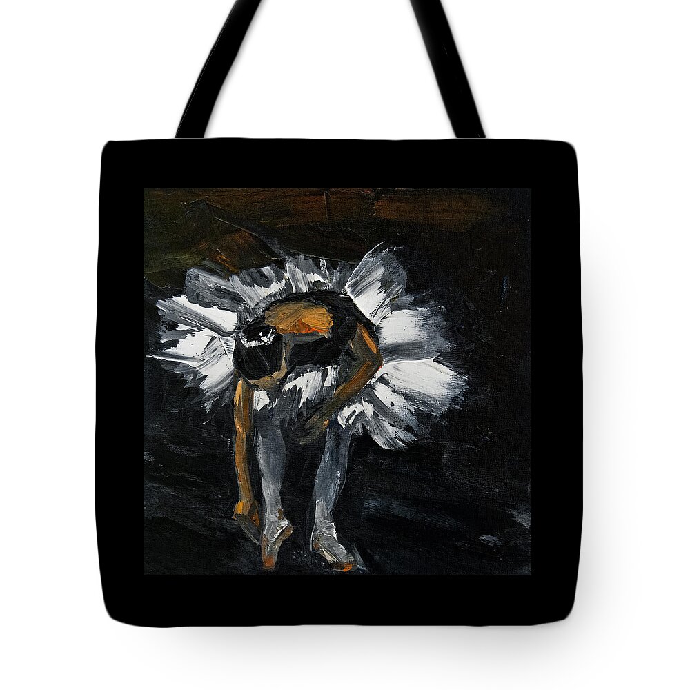 Ballerina Tote Bag featuring the painting Ballerina Tying Pointe Shoes by Jani Freimann