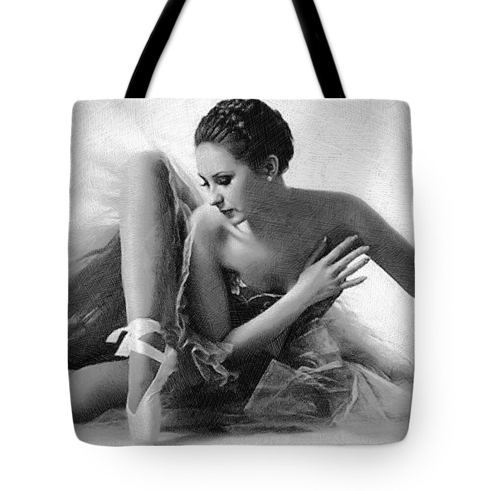 Dancer Tote Bag featuring the painting Ballet Dancer Sitting Black and White by Tony Rubino
