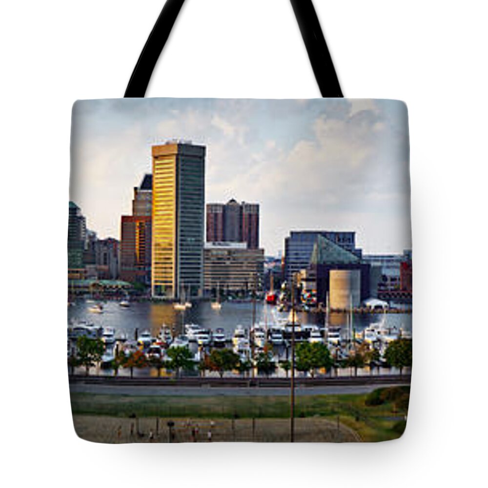 Baltimore Skyline Tote Bag featuring the photograph Baltimore Harbor Skyline Panorama by Susan Candelario