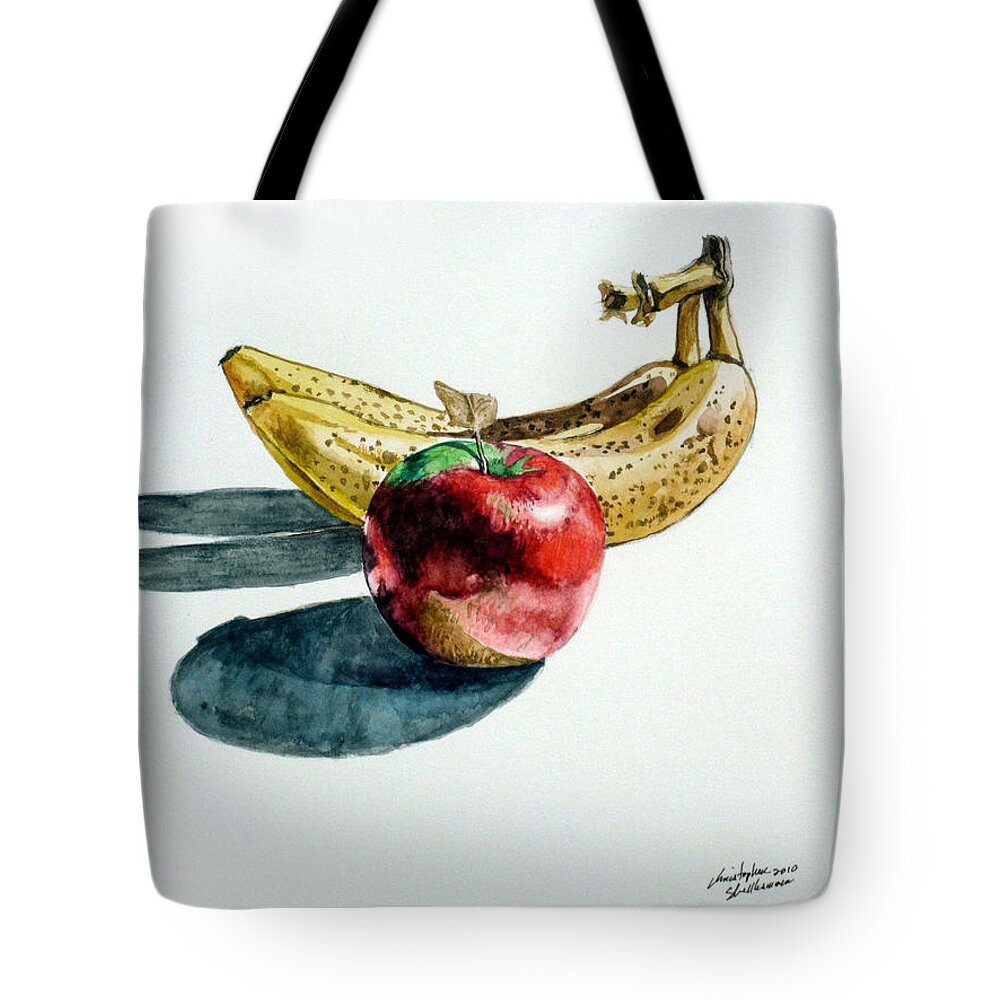 Banana Tote Bag featuring the painting Bananas and an Apple by Christopher Shellhammer