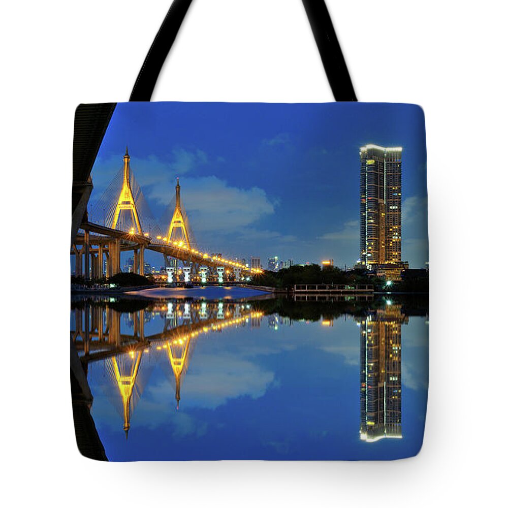 Bhumibol Bridge Tote Bag featuring the photograph Bangkok Reflextion by Rotation Photographer