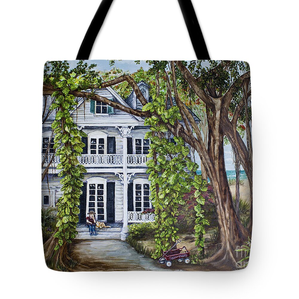 Banyan Tree Tote Bag featuring the painting Banyan Beach House by Janis Lee Colon