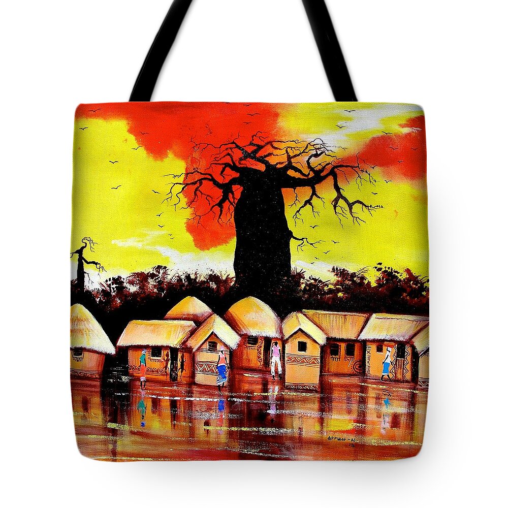 Appiah Ntiaw Tote Bag featuring the painting Baobab Village by Appiah Ntiaw