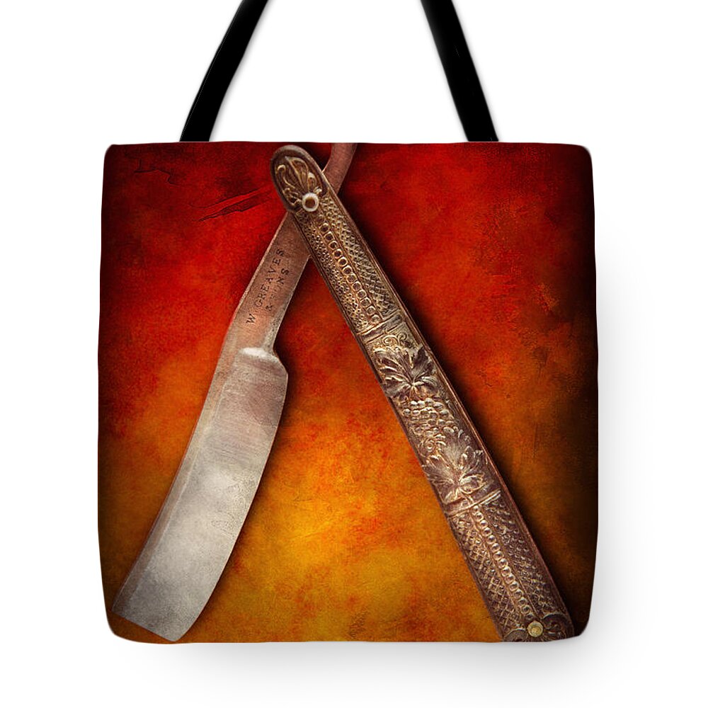 Barber Tote Bag featuring the photograph Barber - Shaving - Keep a stiff upper lip by Mike Savad