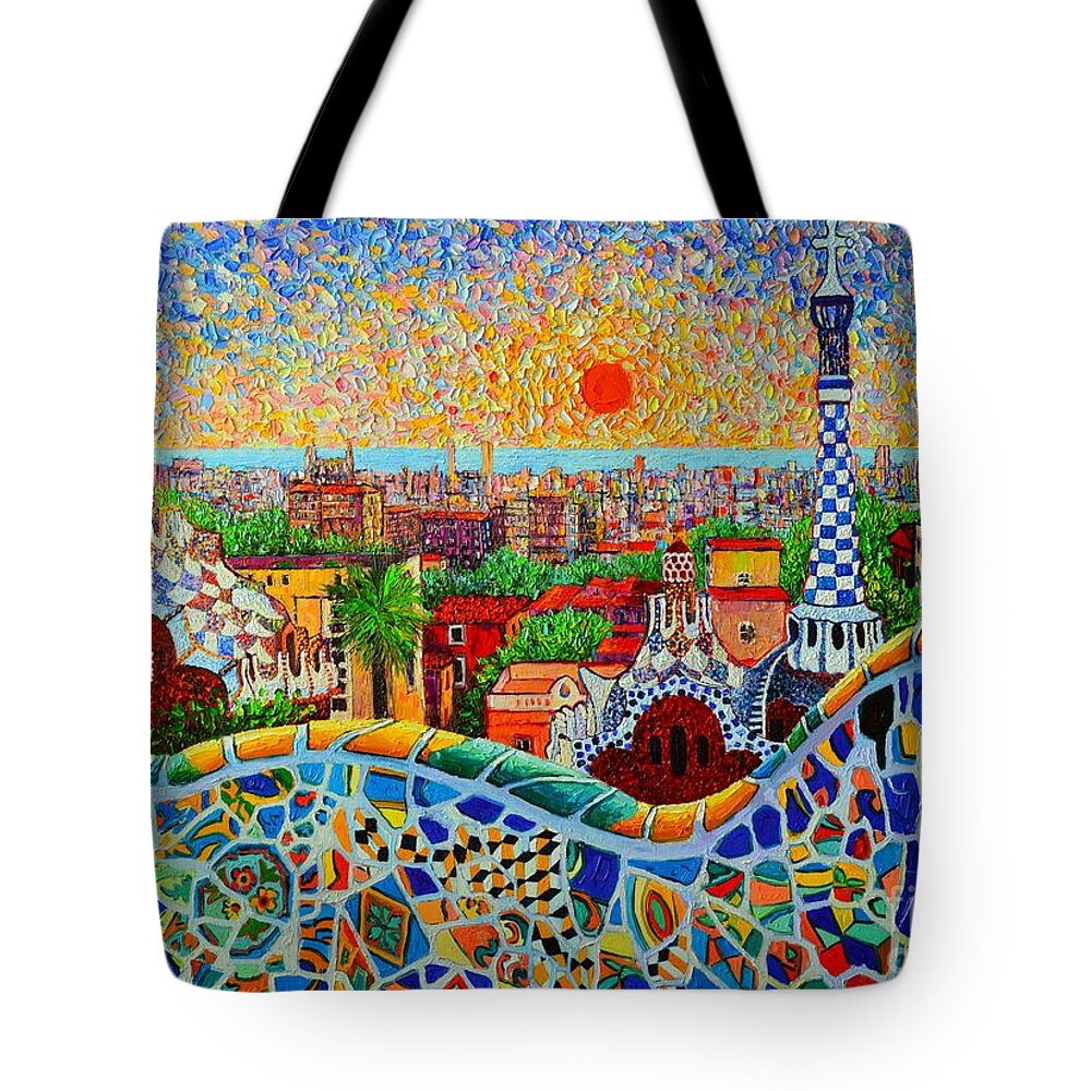 Barcelona Tote Bag featuring the painting Barcelona View At Sunrise - Park Guell Of Gaudi by Ana Maria Edulescu
