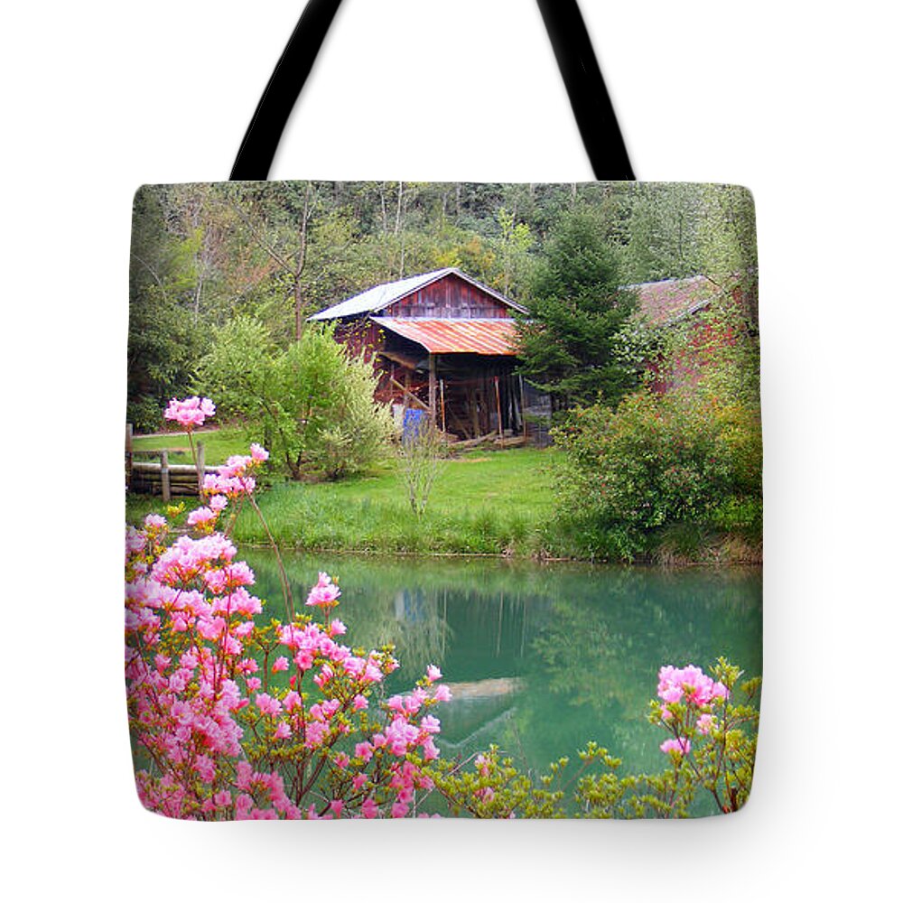 Plants Tote Bag featuring the photograph Barn and Flowers near Pond by Duane McCullough