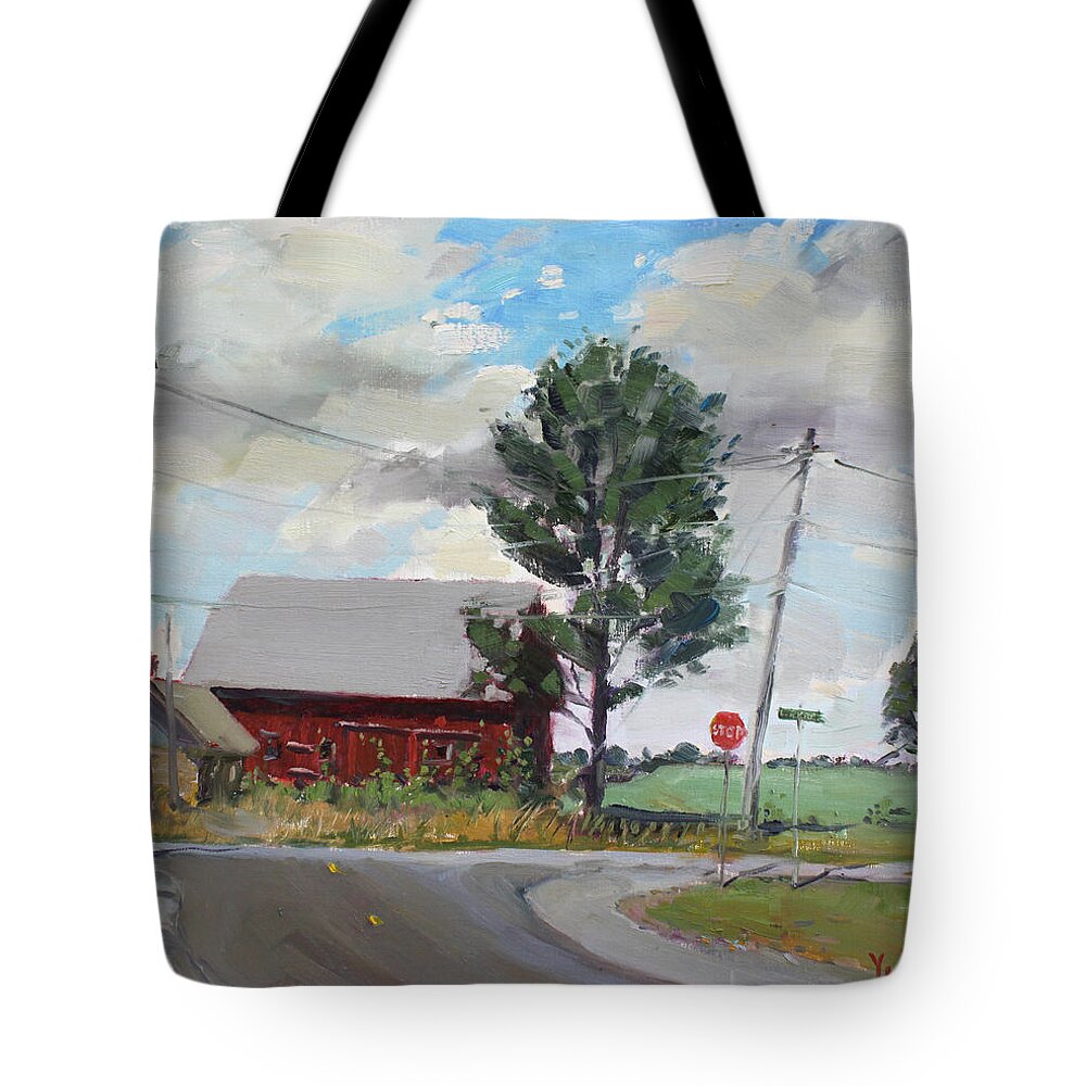 Barn Tote Bag featuring the painting Barn by Lockport Rd by Ylli Haruni
