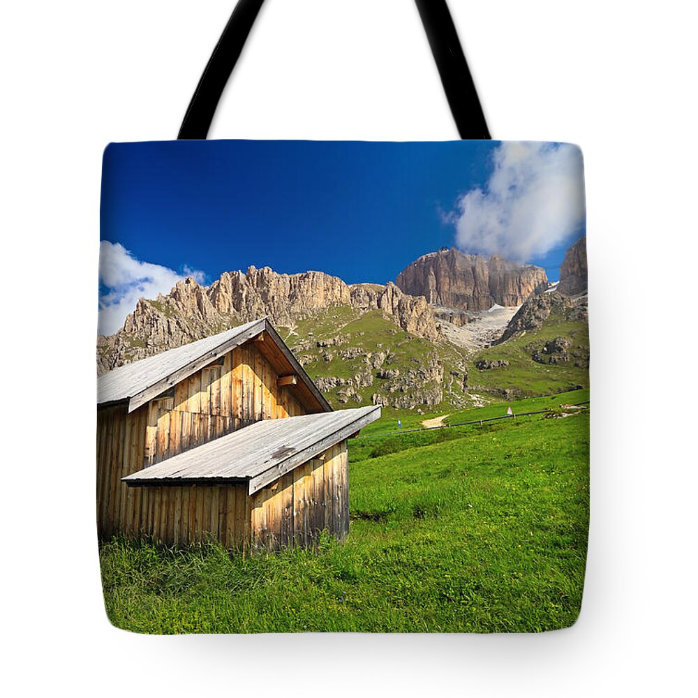 Alpine Tote Bag featuring the photograph barn in Pordoi pass by Antonio Scarpi