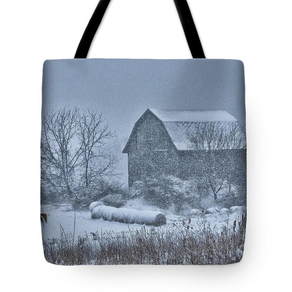 Blizzard Tote Bag featuring the photograph Barn Storm by Roger Bailey