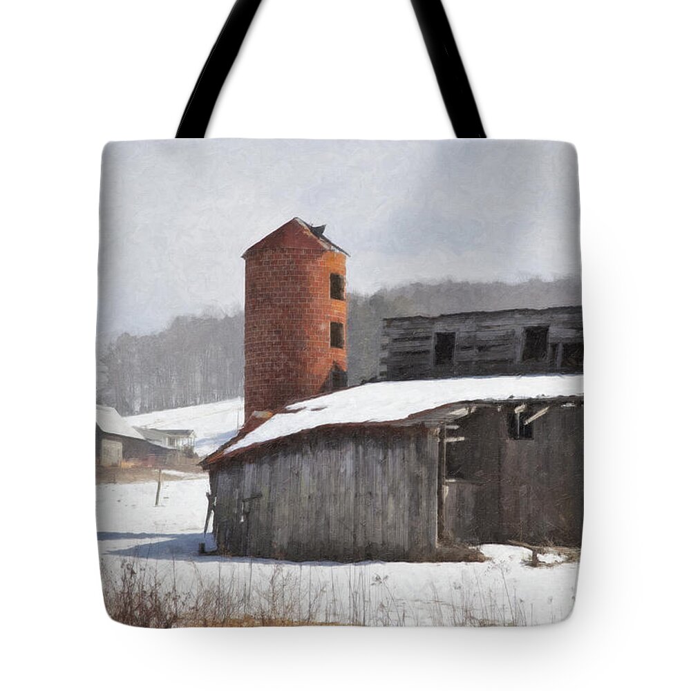 Old Barns Tote Bag featuring the photograph Barns in Winter Oil Painting by Jill Lang