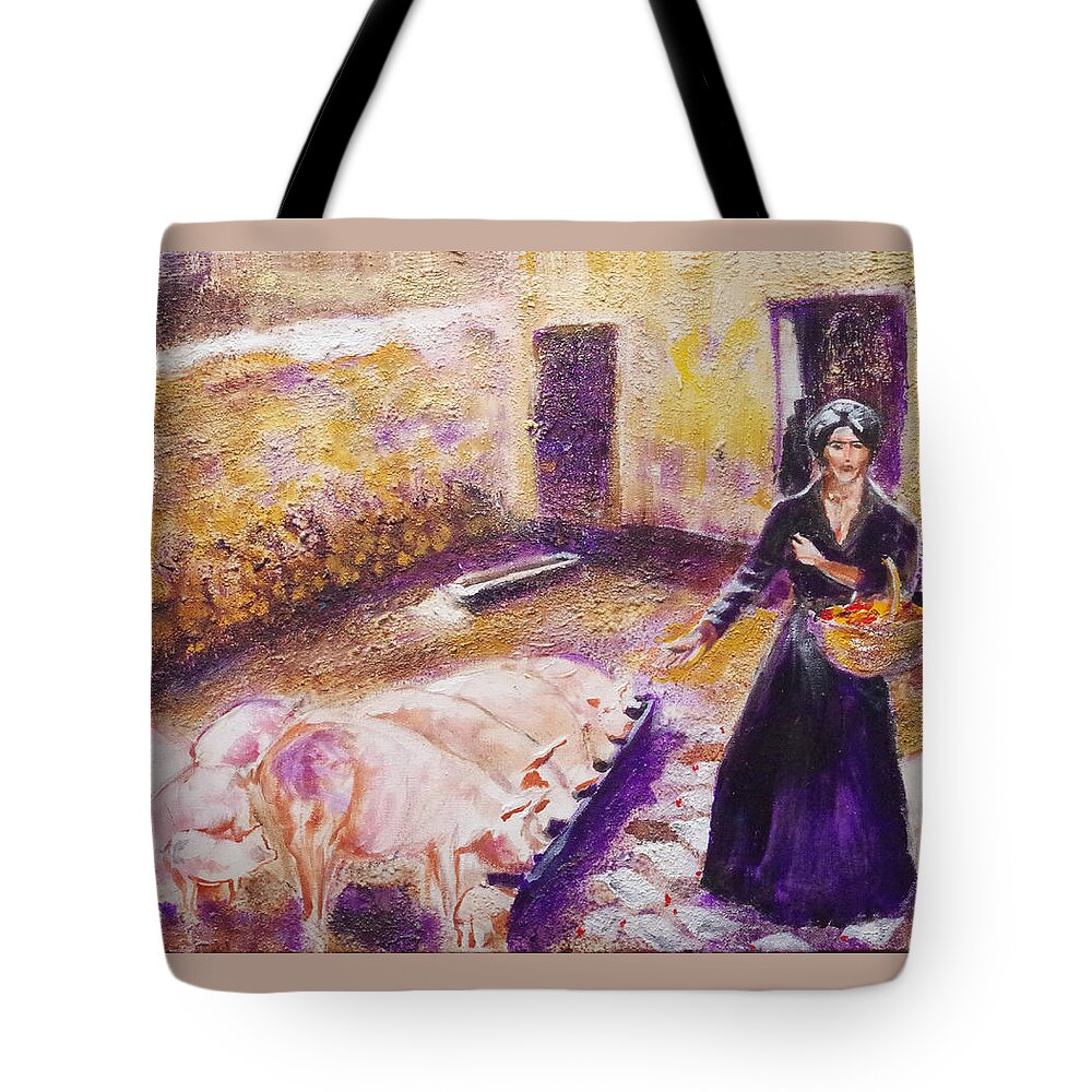 Barnyard Breakfast...chickens And Pigs Tote Bag featuring the painting Barnyard Breakfast...chickens and pigs by Seth Weaver