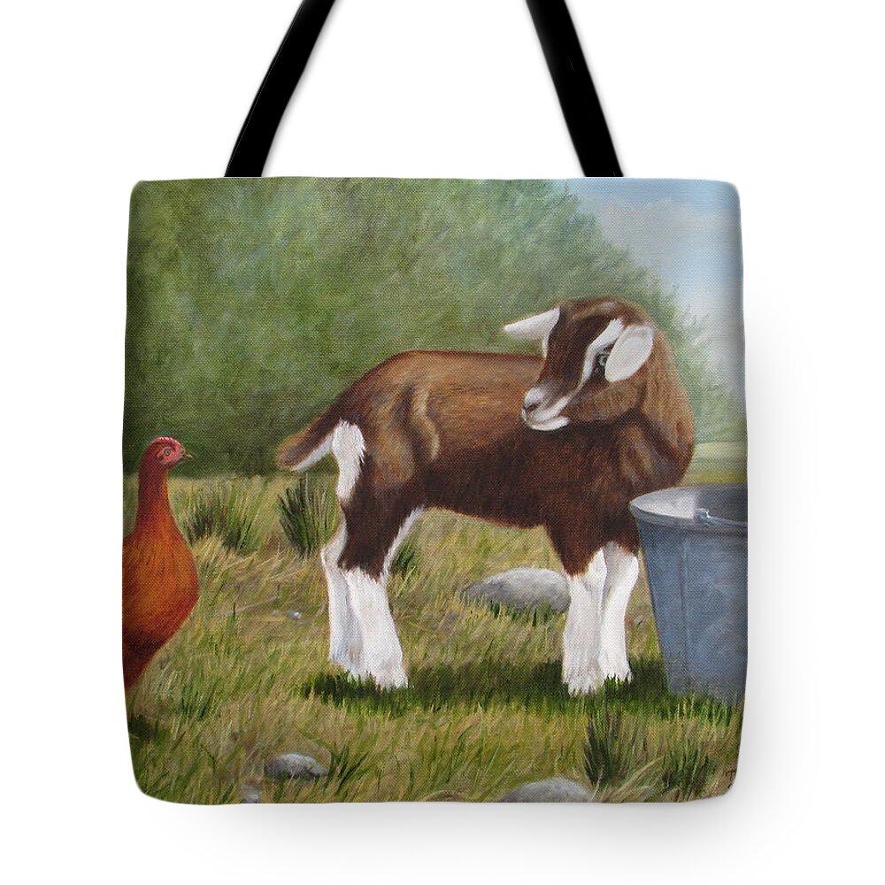 Goat And Chicken Tote Bag featuring the painting Barnyard Talk by Tammy Taylor