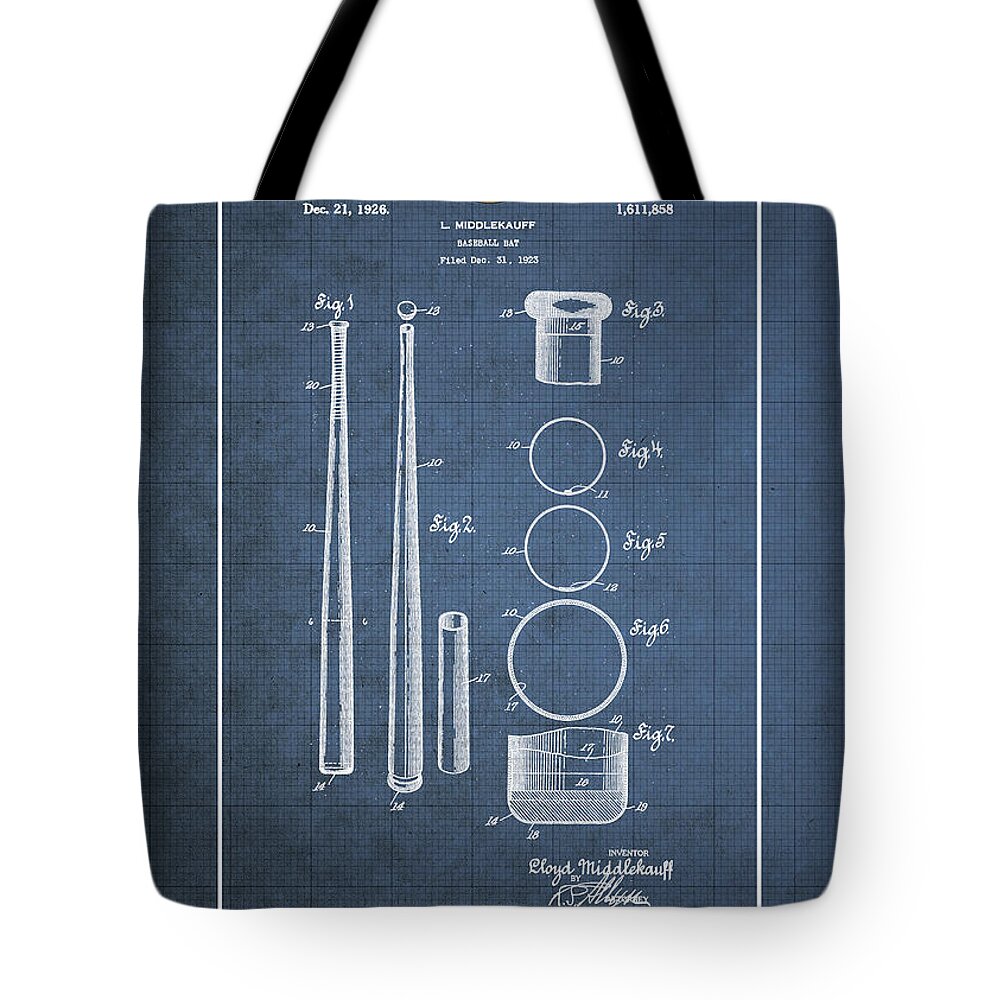 C7 Sports Patents And Blueprints Tote Bag featuring the digital art Baseball bat by Lloyd Middlekauff - Vintage Patent Blueprint by Serge Averbukh