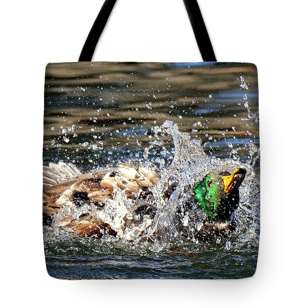 Mallard Tote Bag featuring the photograph Bath Time by Fiskr Larsen