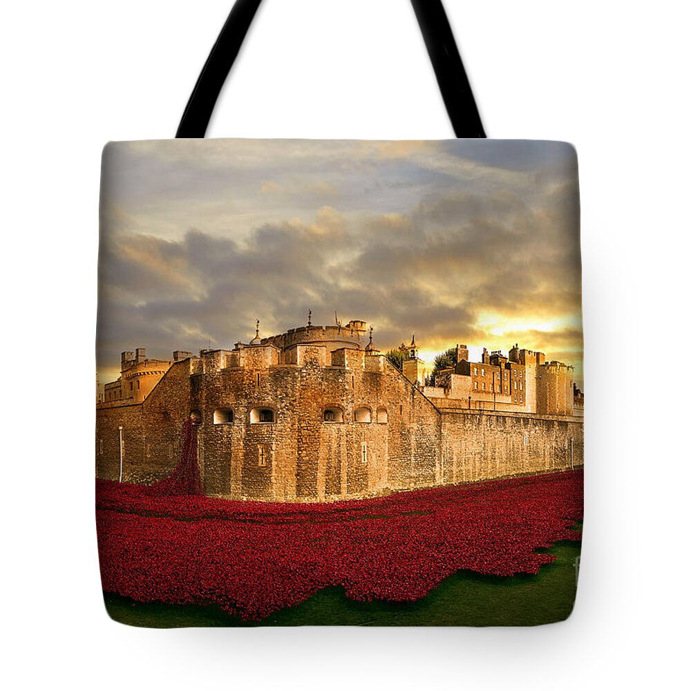 Poppies Tote Bag featuring the digital art Bathed in Gold by Airpower Art