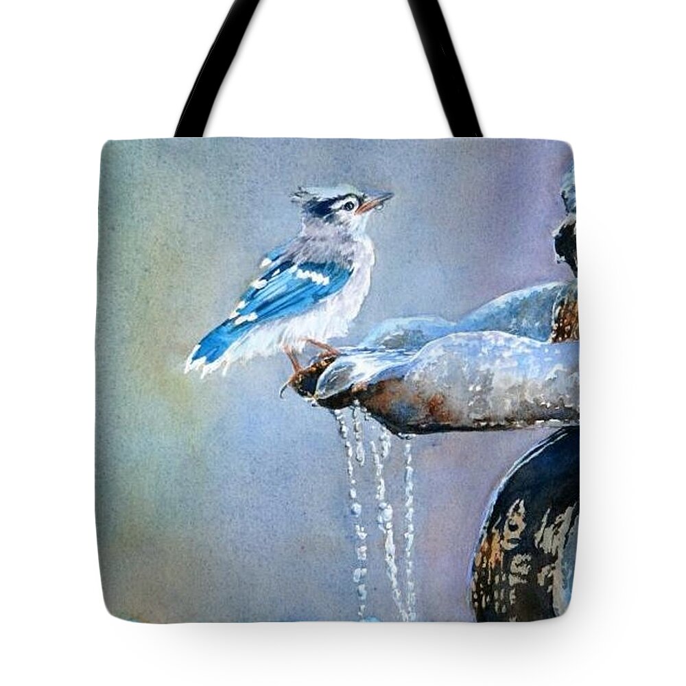 Beautiful Blues And Grays Of A Baby Blue Jay Drinking At A Water Fountain. Tote Bag featuring the painting Bathing Baby Blue Jay by Brenda Beck Fisher