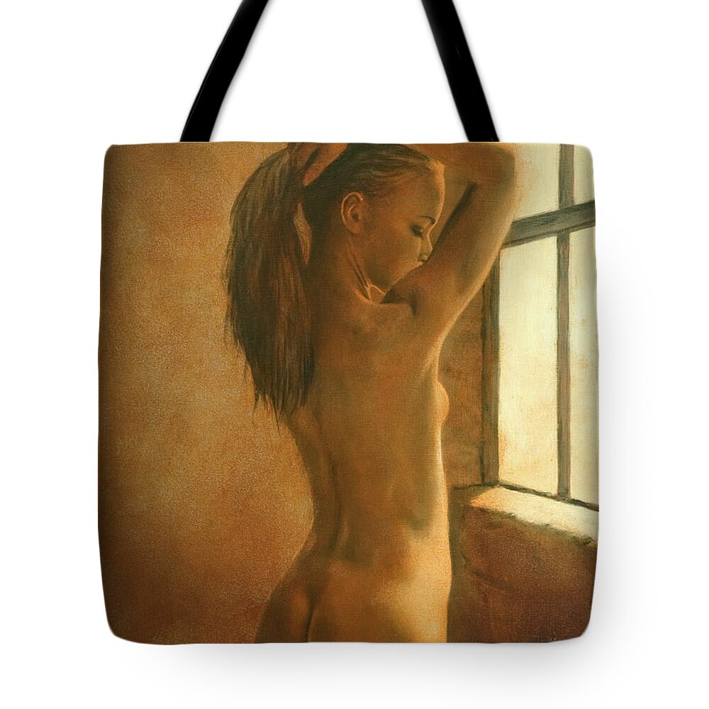 Paintings Tote Bag featuring the painting Bathing in the window's light I by John Silver