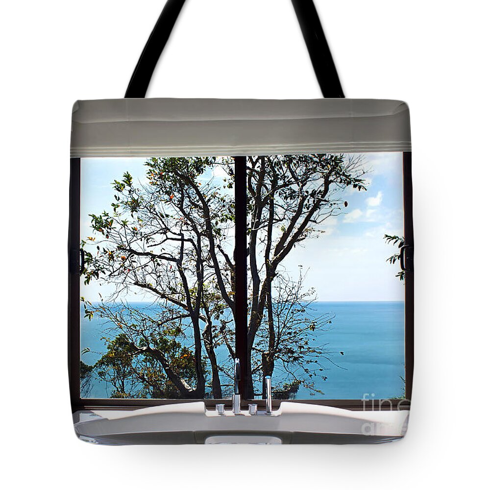 Photography Tote Bag featuring the photograph Bathroom with a View by Kaye Menner