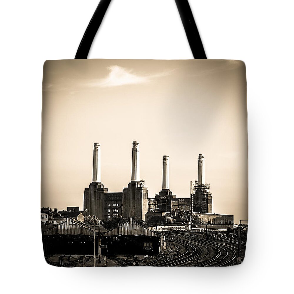 Art Tote Bag featuring the photograph Battersea Power Station with train tracks by Lenny Carter