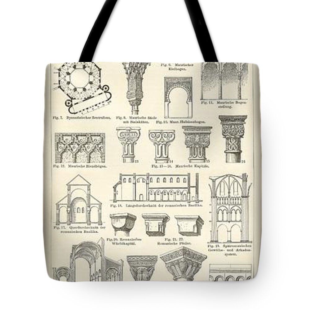 Architecture Tote Bag featuring the drawing Baustile I and Baustile II by German School