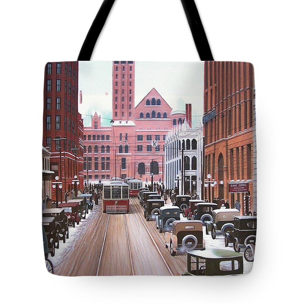 Streetscapes Tote Bag featuring the painting Bay Street Christmas Eve 1924 by Kenneth M Kirsch