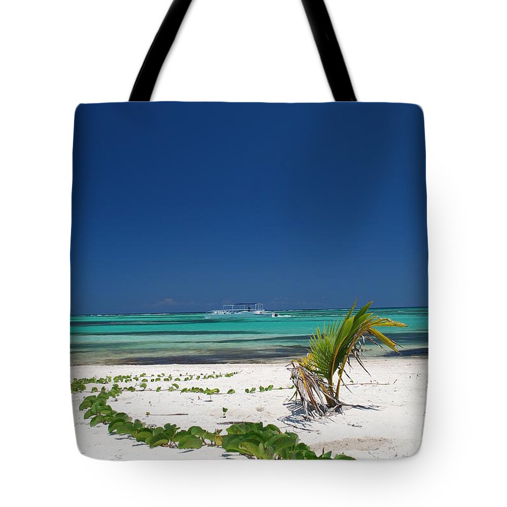 Beach Blue Caribbean Boat Green Plant Playa Blanca Punta Cana Dominican Republic Ocean Palm Republica Dominicana Resort Sand Sea Sky Sun Tree Turquoise Vine Vegetation Vertical Water White Water Wave Tote Bag featuring the photograph Beach and Vegetation Playa Blanca Punta Cana Resort by Heather Kirk