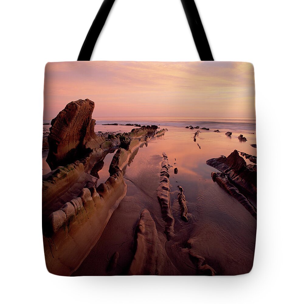 Beach Tote Bag featuring the photograph Beach At Sunset by Randall Levensaler