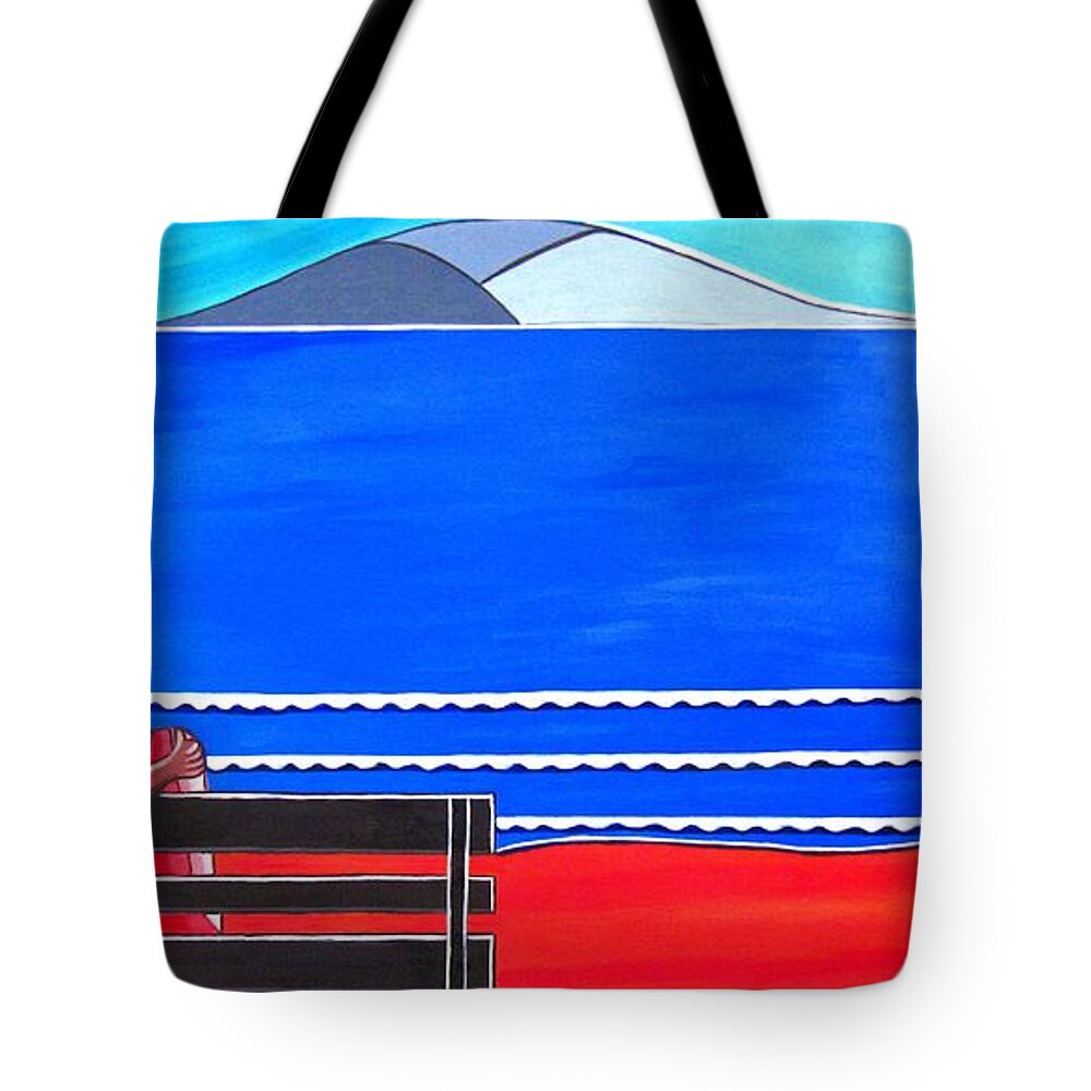New Zealand Art Tote Bag featuring the painting Beach Bench Lovers Day One by Sandra Marie Adams